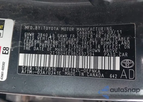 2011 Toyota Corolla Le из США, поврежденный, VIN 2T1BU4EE9BC697394